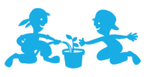 graphic illustration of kids watering a potted plant