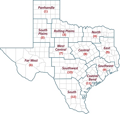 State of Texas mapp depictinig Better Living for Texans regions